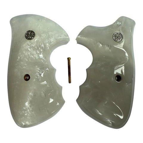 Smith & Wesson K/l Frame Round Butt Revolver Grips White Pearl Color Polymer Smooth Resin Finger Groove Smooth Openback Silver Medallions Handmade S&W K/L K L Frame Round Butt Model 10 12 13 19 460 500 547 581 586 64 65 66 (Post 1995) 681 686 #KRR03  KRW