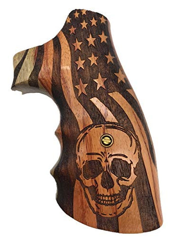 handicraftgrips KSW94 Smith & Wesson K/L S&W K L Frame Square Butt Revolver Grips Laser Hard Wood Finger Groove Checkered Open Back Handmade Silver Medallions Sport for Men Birthday Gift